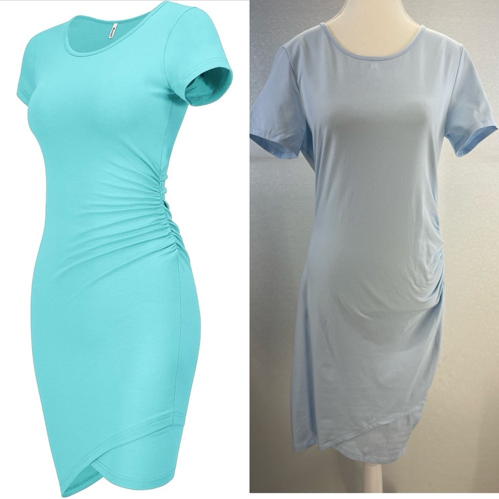 NWT Women's Summer Short Sleeve Fitted Ruched Bodycon Irregular Mini Sheath L